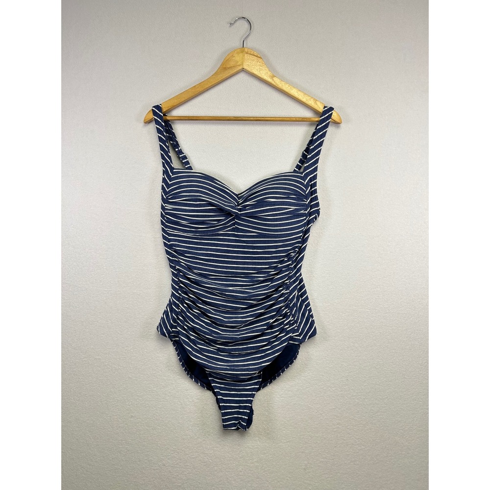 NipTuck Swim Navy‎ Blue White Striped Ruched One Piece Swimsuit Women's Size 10